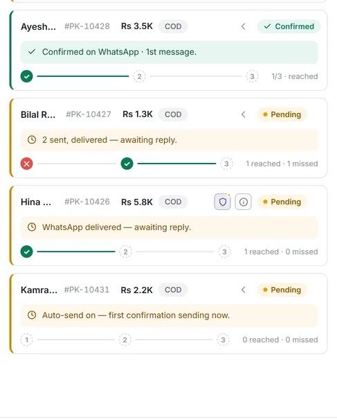 COD PRO order list: हर order उसके status और confirmation tries के साथ