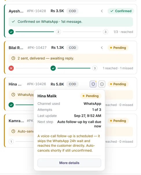 एक order का ⓘ card: channel, tries, last update और अगला step