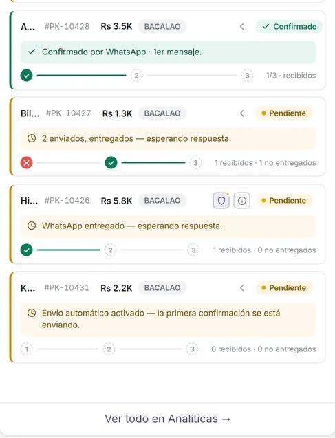 Lista de pedidos de COD PRO: cada pedido con su estado y sus intentos de confirmación
