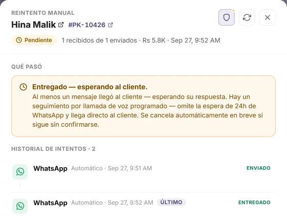 Detalle del pedido: qué pasó y cada mensaje con su hora y resultado