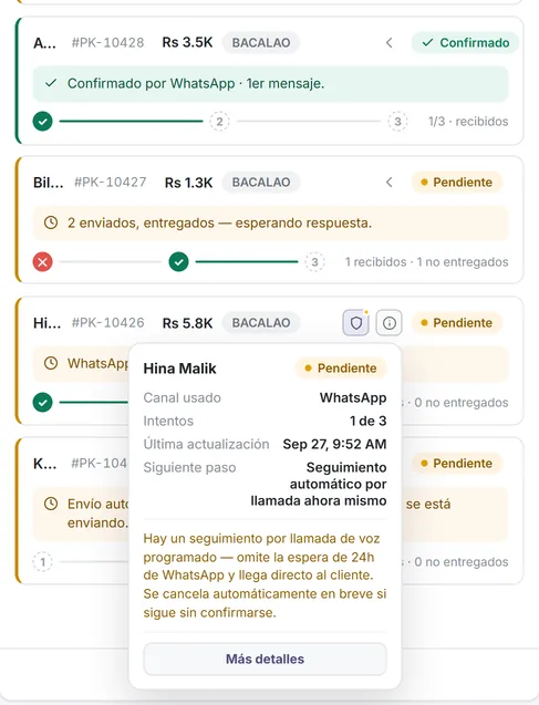 La tarjeta ⓘ de un pedido: canal usado, intentos, última actualización y siguiente paso
