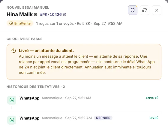 Détail de la commande : ce qui s’est passé et chaque message avec son heure et son résultat