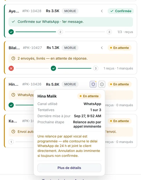 La carte ⓘ d’une commande : canal utilisé, essais, dernière mise à jour et prochaine étape