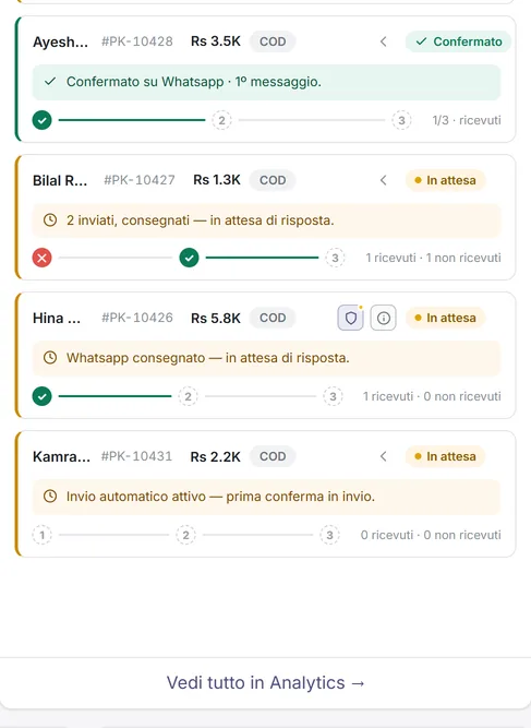 Elenco ordini di COD PRO: ogni ordine con il suo stato e i tentativi di conferma