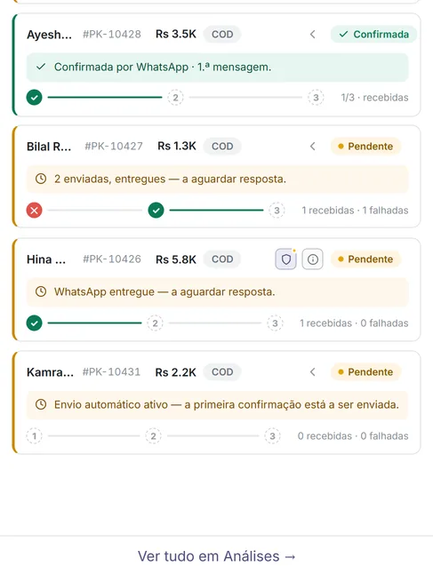 Lista de pedidos do COD PRO: cada pedido com seu status e tentativas de confirmação