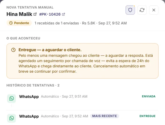 Detalhes do pedido: o que aconteceu e cada mensagem com hora e resultado